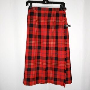 Vtg Herman Geist Midi Plaid Pleated Wool Wrap Skirt Sz 8 Red Black